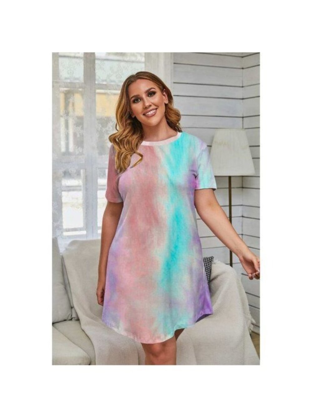 Multicolor Tie-dye Short Sleeve Plus Size Dress 5X - Picture 3 of 6